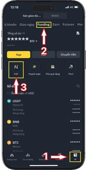 Bước 1: Tại giao diện Ví Binance, chọn Funding, nhấn giao dịch P2P